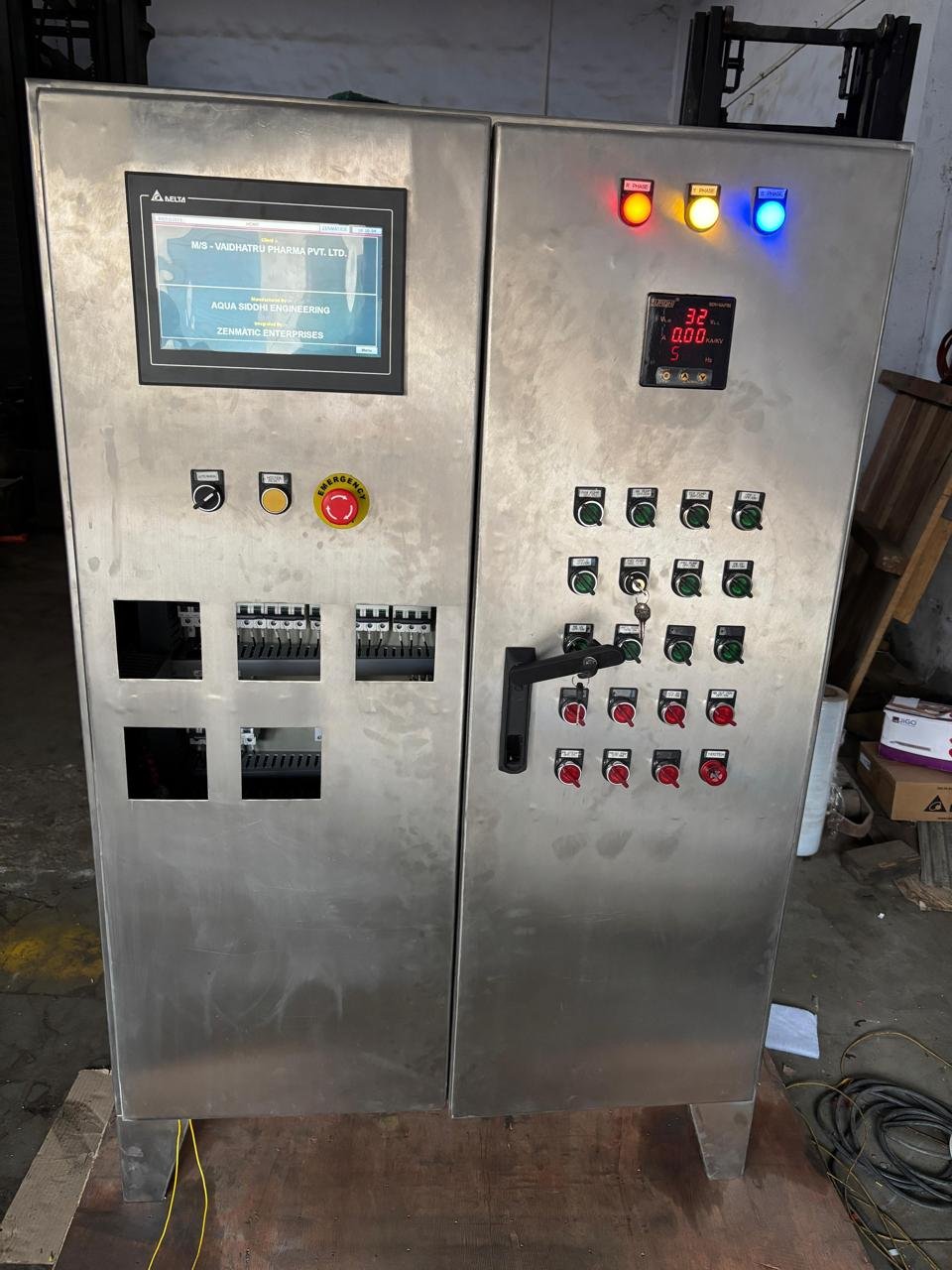 Industrial stainless control panel with HMI and buttons